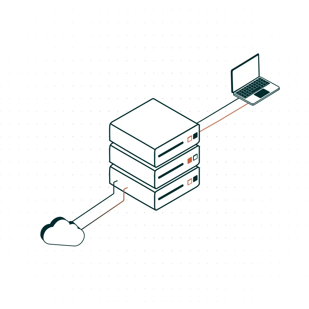 A graphic image of server infrastructure connected by cables to cloud and hardware.