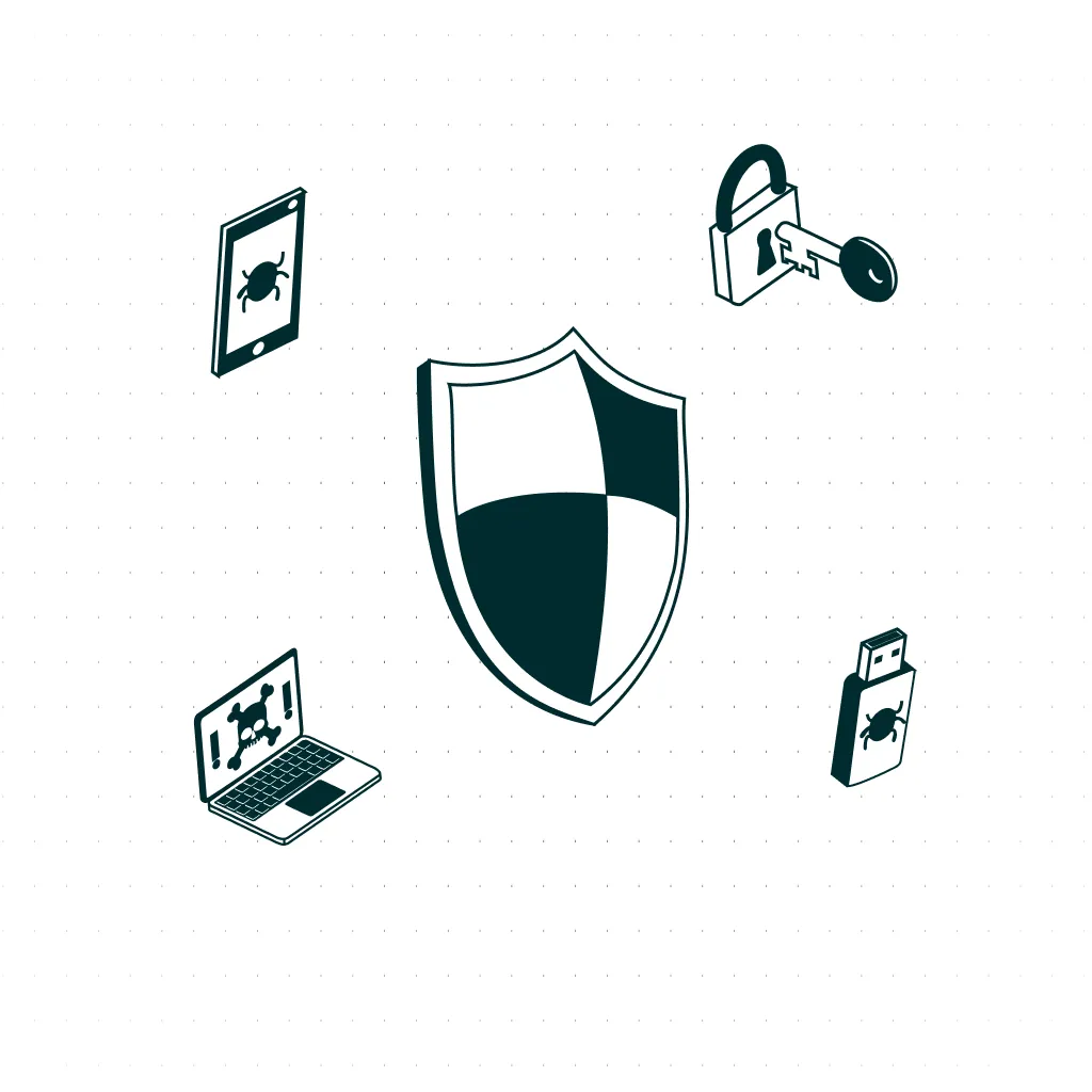 A graphic image of a security shield, protecting users against computer viruses, security vulnerabilities, and malware.