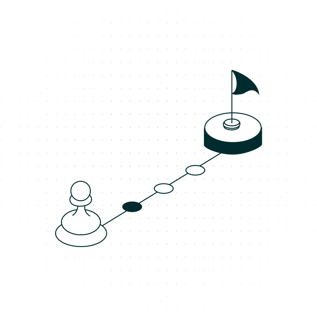 A graphic image of a chess piece moving towards a flag representing a goal.